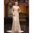 Sheath Column Bateau Sweep Brush Train Tulle Over Chiffon Luxurious Dresses