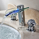 Zeitgenössische Chrome Finish Zwei Griffe LED Wasserfall Glas Waschbecken Wasserhahn
