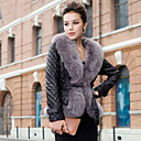 Long Sleeve Fox Fur Shawl Collar Lambskin Leather Casual/Office Jacket
