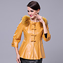 3/4 Sleeve Collarless Lambskin Leather Casual/Office Jacket With Raccoon Fur Trim (More Colors)