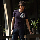 Homens Rodada Estilo Chinês Imprimir Curto T-shirt da luva