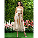 A-line Strapless Sleeveless Tea-length Lace Over Stretch Satin Bridesmaid Dress